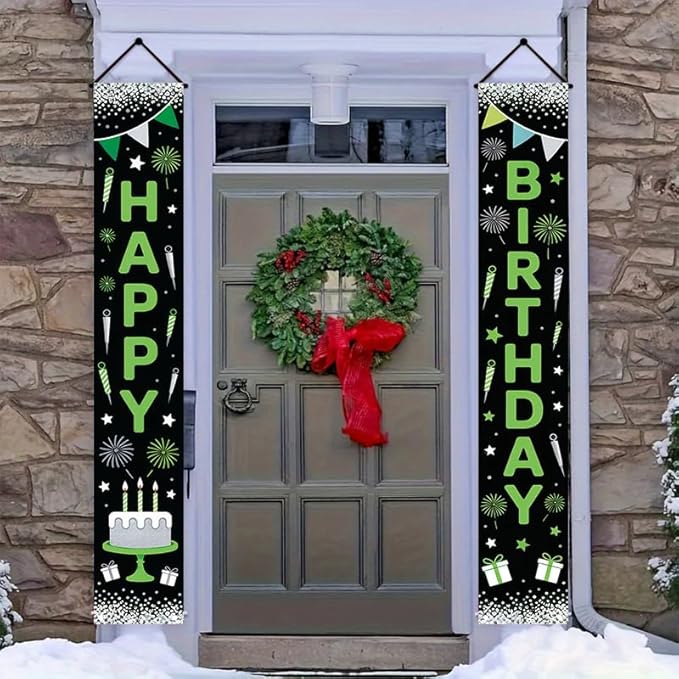 12x71 inch birthday porch banner suitable for indoor outdoor birthday party decoration, featuring green and black design, fireworks candle gifts, durable fabric, suitable for terraces