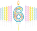 MTLEE Birthday Candle Macaron Glitter 3D Number Candle with 12 Pcs Rainbow Spiral Candles in Holders for Girl Boy Cake Topper Wedding Anniversary Pastel Sweet Theme Party Decoration(Blue,Number 6)