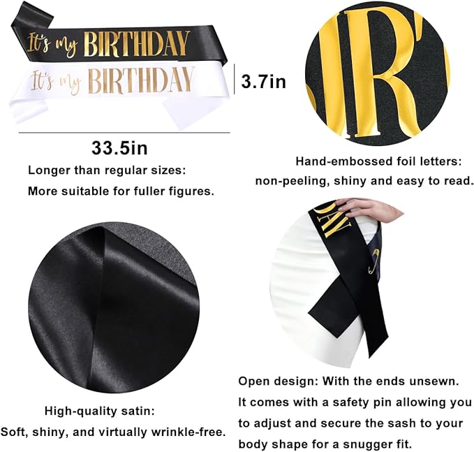2 Pack It's my Birthday Sash for Women Men Adult Girls Kids Happy Birthday Decorations Accessories Gifts Black and White Sashes with Gold and Rose Gold Lettering