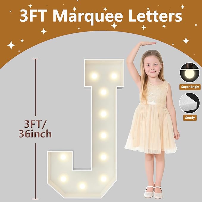 3FT Marquee Light Up Letters, Large Marquee Letters, Pre-cut Foam Board Letter J for Engagement Wedding Decorations Birthday Party Backdrop Decor, Balloon Arch Kit