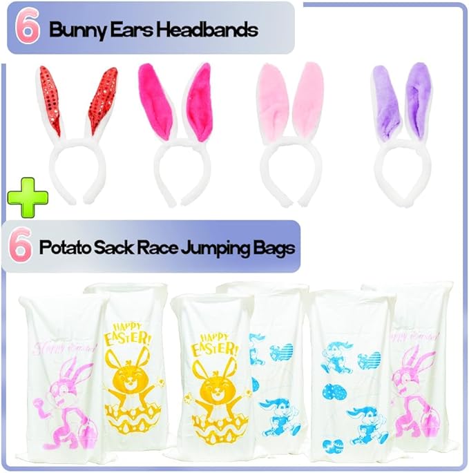 6 Potato Sack Race Jumping Bags with Bunny Ears Headbands，Easter Sack Race for Adults Easter Eggs Hunt Party Supplies Outdoor Family Games