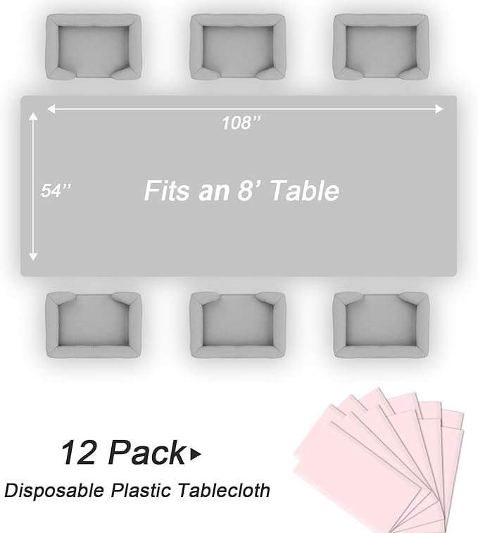 QIKSION Pink Plastic Table Cloth Disposable 12 Pack, 54 x 108 Inch Tablecloths for Valentines, Easter, Mothers Day Decorations, Baby Shower Birthday Party, Rectangle Table Cover