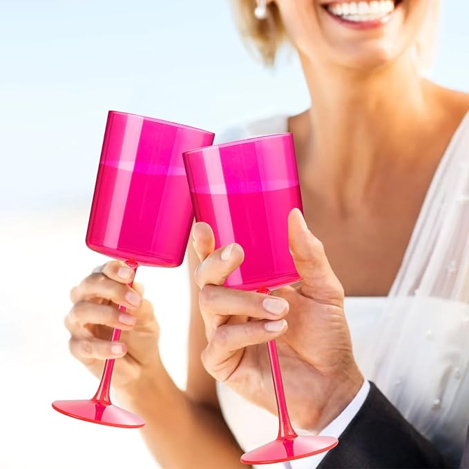 Ciaell 12 Pack Plastic Wine Glasses - 10Oz Hot Pink Plastic Wine Glasses With Stem - Disposable Stemmed Cups for Parties & Weddings & Easter