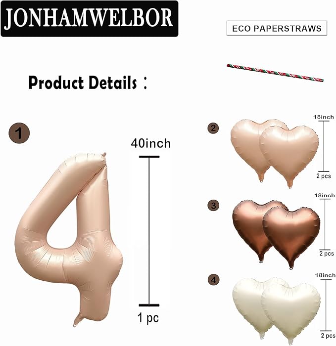 Jonhamwelbor 40 inch Caramel Number 4 Balloon Retro Large Big Giant Jumbo Foil Helium Mylar Number Balloon with Heart Balloons for Girl 4th Four Year Old Birthday Party Decor (40 inch Beige 4)