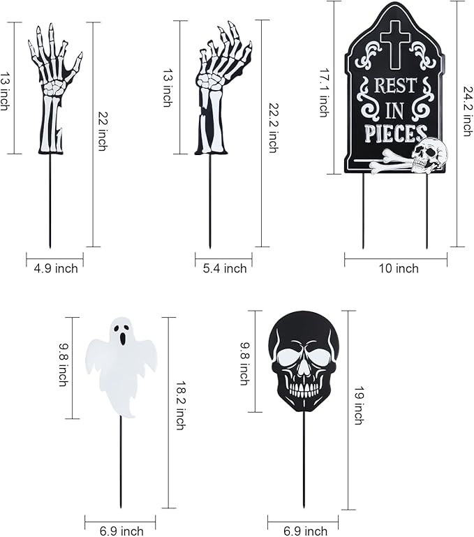 hogardeck Halloween Decorations Outdoor, 5 Pcs Metal Decorative Garden Stakes with Skulls Head, Hands & White Ghosts for Halloween Decor, Tombstone Yard Signs for Outside Garden Lawn Patio Porch