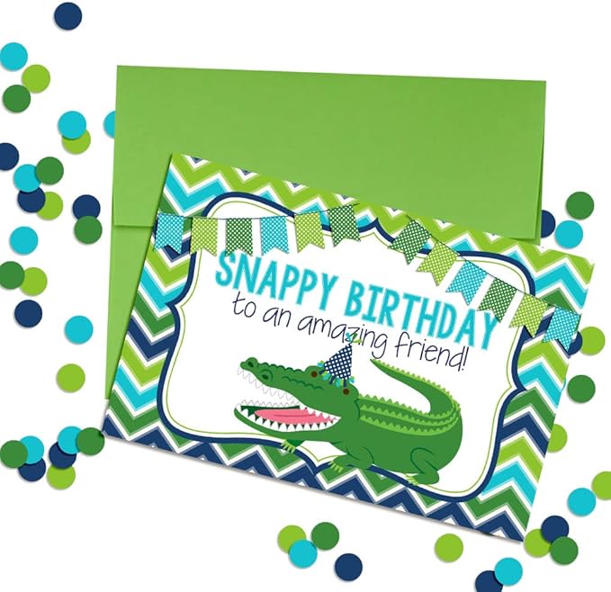 Snappy Birthday Alligator Themed Birthday Pun Themed Single (1) All Occasion Blank Birthday Card To Send To Friends & Family, 4"x 6" (when folded) Fill In Greeting Note Card by AmandaCreation