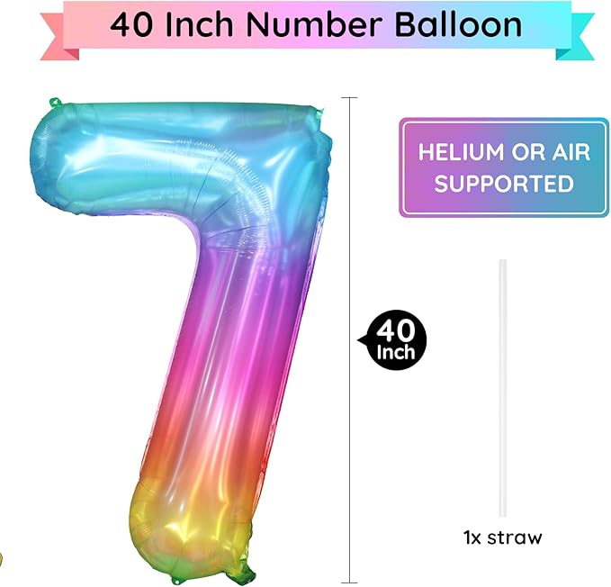 40 Inch Rainbow Number Balloon 7, Large Number Foil Balloons Mylar for Girl Boy Birthday Party Celebration Decorations Supplies, Digital Balloons for Wedding Anniversary Events Decorations