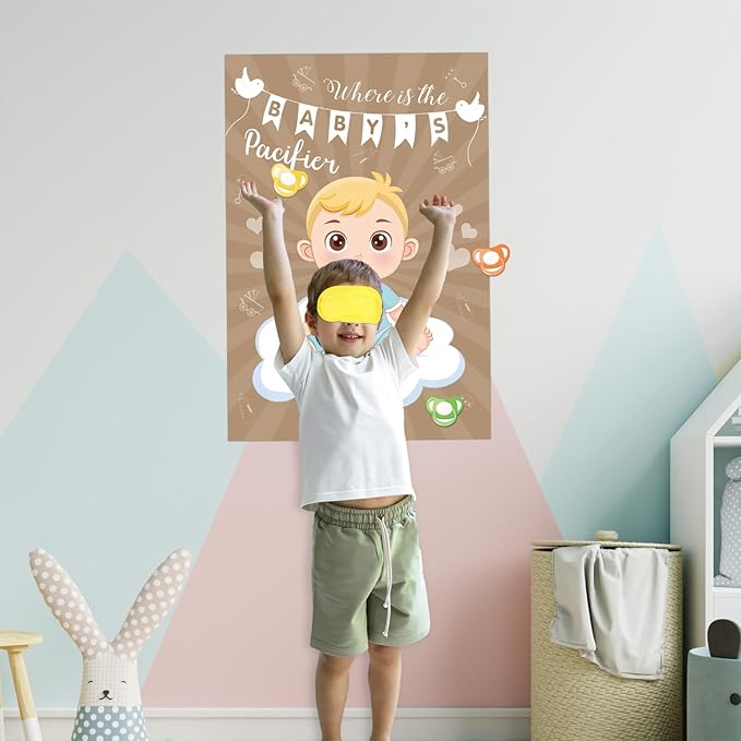 Hxezoc Baby Shower Game Pin The Pacifier On The Baby with 72 Pcs Pacifier Stickers, Large Baby Party Games Poster for Boys Kids Baby Shower Birthday Party Supplies