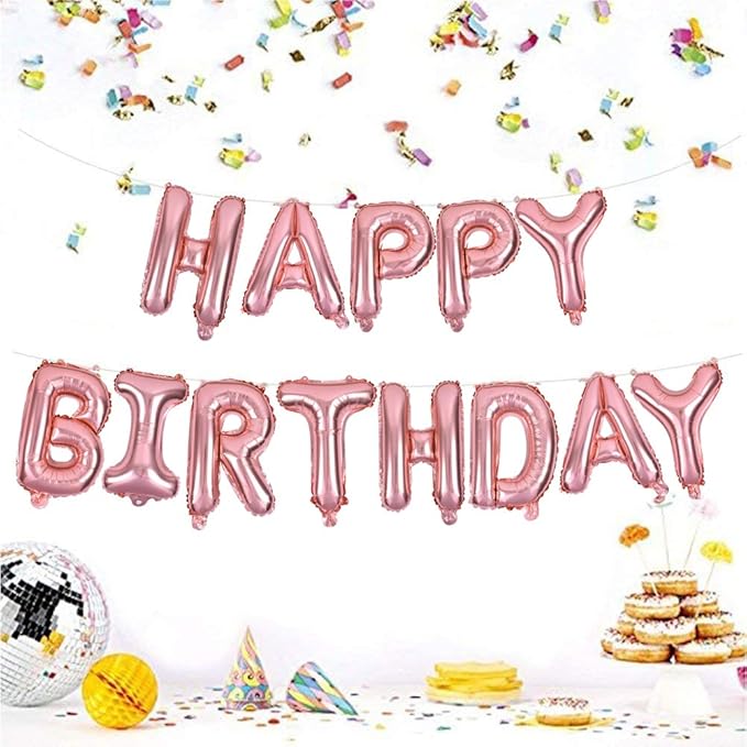 TONIFUL Rose Gold Happy Birthday Balloons Banner, 16 Inch Mylar Foil Letters Birthday Sign Banner Ballon Bunting Reusable for Girls Boys Kids & Adults Birthday Decorations and Party Supplies