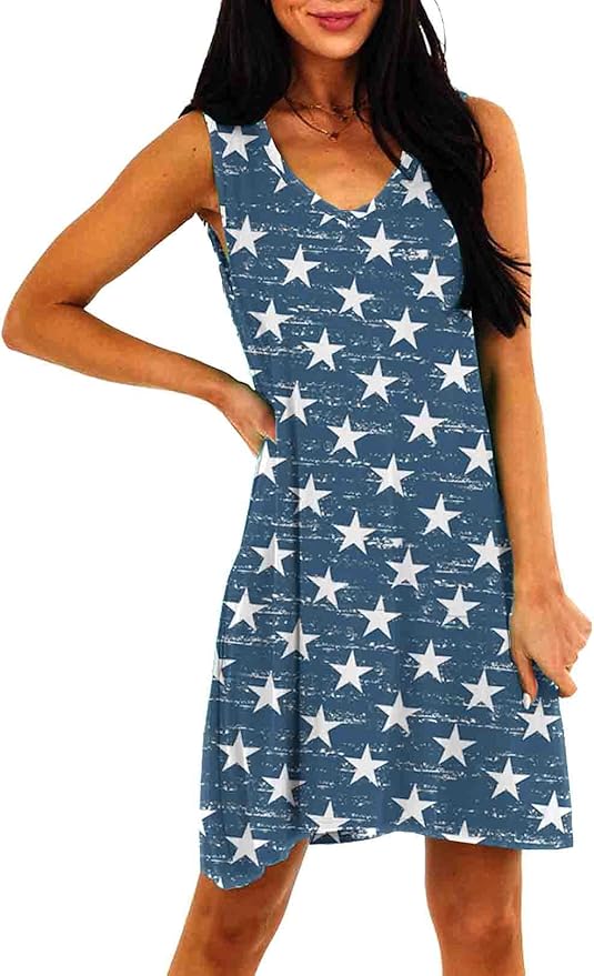 Deerose Women 4th of July Sleeeveless Dress Patriotic V Neck Tank Dresses with Pockets