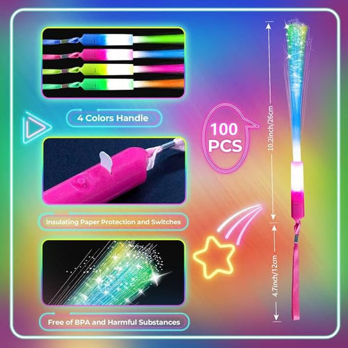 100 PCS Glow Fiber Wands Sticks, LED Light Wands, Glow in The Dark Party Supplies, Fiber Optic Wands, LED Flashing Sticks, Fiber Optic Light Wand Stick for Party, Wedding, Halloween & New Year