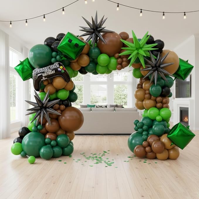 158Pcs Pixel Balloon Garland Arch Kit - Video Game Party Decorations with 18 12 10 5 Different Sizes Green Brown Black Latex Balloons for Pixel Birthday Baby Shower Boy Gaming Theme Decorations