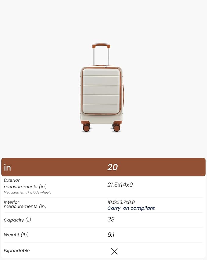 YOETEY Carry On Luggage 22x14x9 Airline Approved, Hardside Spinner Suitcase with Front Pocket for Laptop, TSA Lock & Silent Wheels (20 in, White)