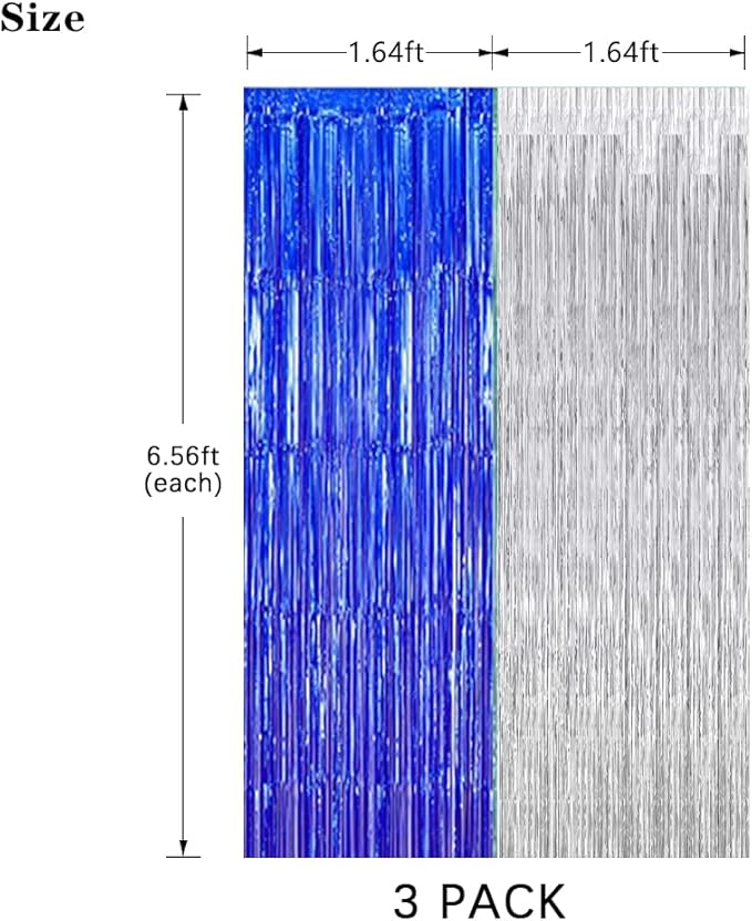 Graduation Backdrop Curtain 2026, Blue Silver Party Decorations Metallic Tinsel Foil Fringe Curtains Photo Booth Streamer Background for Birthday Wedding Party Christmas Decor(3 Pack)
