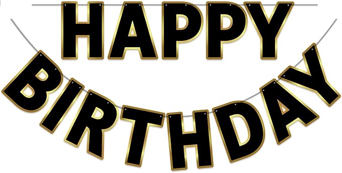 Happy Birthday Banner - 9ft Pre-Strung Happy Birthday Sign for Women, Men, Girls, Boys - No DIY Birthday Decorations & Party Supplies(Black Gold)