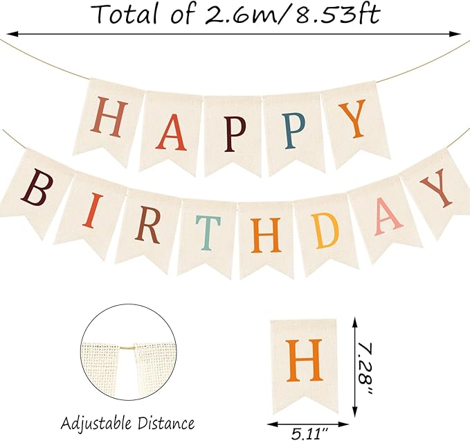 Doumeny Happy Birthday Burlap Banner Boho Birthday Garland Bunting Bohemian Party Hanging Flag White Happy Birthday Bunting Garland Rainbow Party Banner for Women Men Birthday Kid Photo Backdrop