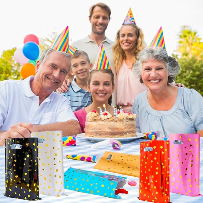 HABILE Happy Birthday Party Favor Bags 36 PCS Plastic Gift Bags with Glitter Stars for Children, Babies, Girls and Boys Birthdays