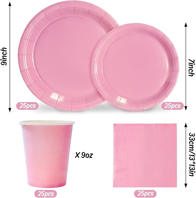 Whaline 100Pcs Valentine's Day Light Pink Tableware Set Wedding Disposable Dinnerware Set 50Pcs Paper Plates 25Pcs Napkins 25Pcs Cups for 25 Guests Wedding Birthday Bride Party Supplies Decorations