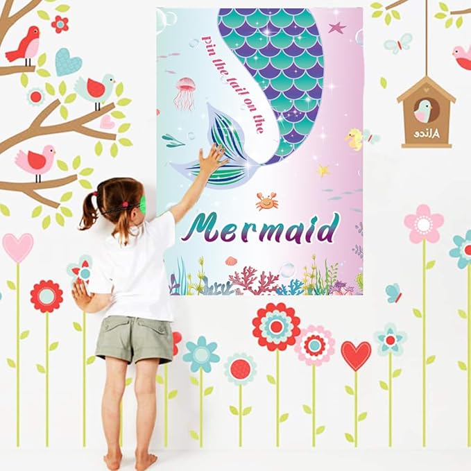 T-Antrix Pin The Tail on The Mermaid Game -Mermaid Party Game for Girls with 21'' x 28'' Poster, Reusable Tails Sticker Party Supplies for Kids Girls Birthday Party Favor Sets