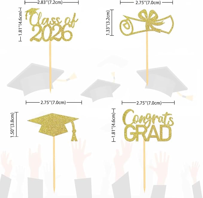 2026 Graduation Theme Cupcake Toppers Glitter Class of 2026 Graduation Cap Diploma Cupcake Picks - Set of 24 (Gold)