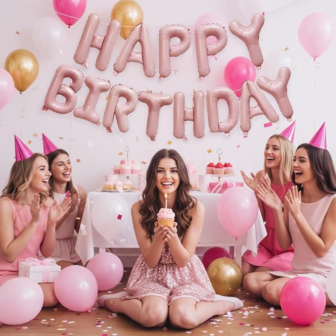 KALOR Baby Pink Happy Birthday Balloons Banner, 16 Inch Mylar Foil Letters Balloon Sign for Birthday Party Decorations Photo Booth Backdrop