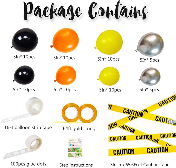 Quarantine Balloon Garland & Arch Kit, 74 Pack 12Inch 5Inch Black, Orange, Yellow, Silver Latex Balloons Strip Set with Caution Tape for Quarantine Birthday Party Decorations Construction