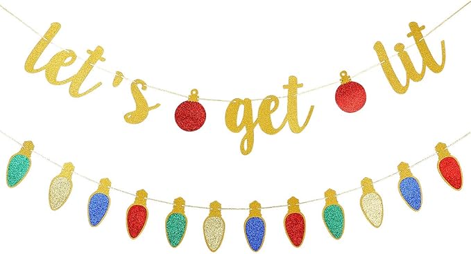 Gold Lets Get Lit Banner Funny Christmas Party Banner, Let's Get Lit Garland Christmas Holiday Banner for Funny Xmas Holiday Party Decorations