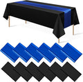 12Pack 12x108 Inch Satin Table Runner and 54x108Inch Plastic Tablecloths Set Black and Blue Disposable Rectangle Table Cover for Graduation Wedding Bridal Shower Anniversary Birthday Party Decorations