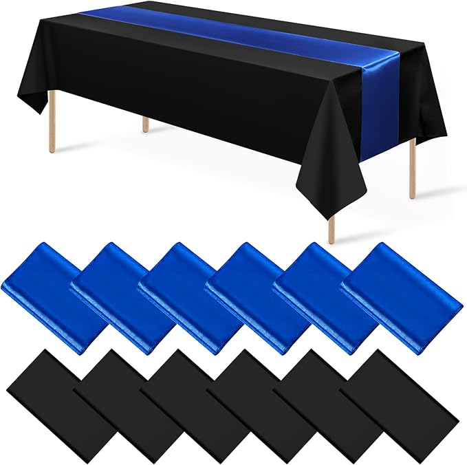 12Pack 12x108 Inch Satin Table Runner and 54x108Inch Plastic Tablecloths Set Black and Blue Disposable Rectangle Table Cover for Graduation Wedding Bridal Shower Anniversary Birthday Party Decorations