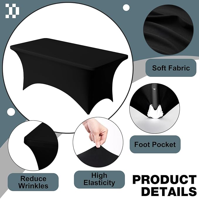 Trlyc 4 Pack 6FT Spandex Table Cloth - 72 x 30 Inch Rectangular Stretch Tablecloth, Wrinkle Resistant Scretch Table Cover for Wedding, Party, Banquet, Picnic, Outdoor Decoration (4Pcs,Black)