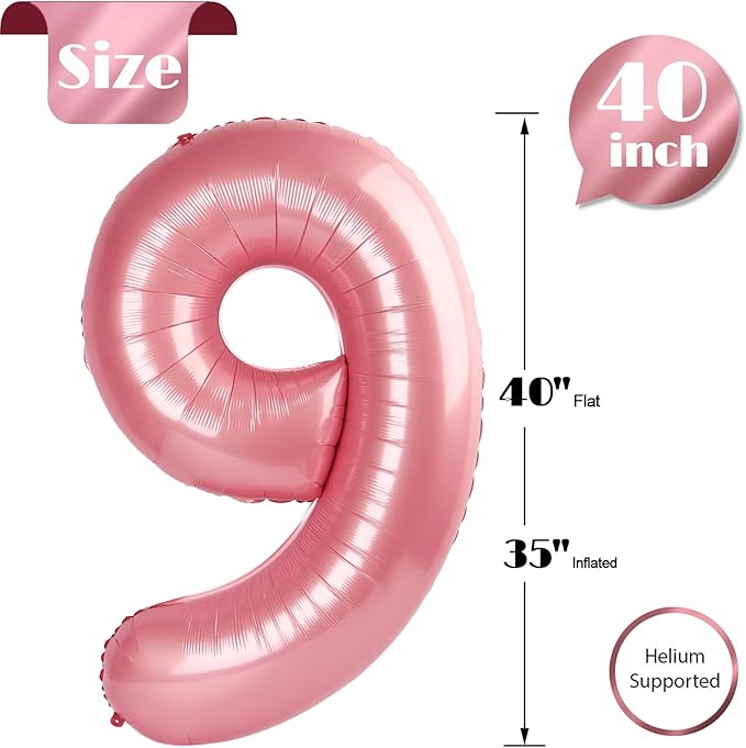 Pearlescent Pink Number 9 Balloon 40 Inch, 9 Balloon Number, 9th Birthday Decorations, Pearlescent Pink Party Supplies for Boys Girls