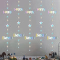 Happy Birthday Banner, Birthday Decorations for Girls & Women, Iridescent Holographic Circle Dot Star Garland Sign Hanging Bunting Streamers Party Backdrop Decor, Aurora Rainbow Effects