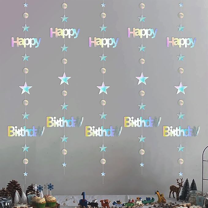 Happy Birthday Banner, Birthday Decorations for Girls & Women, Iridescent Holographic Circle Dot Star Garland Sign Hanging Bunting Streamers Party Backdrop Decor, Aurora Rainbow Effects