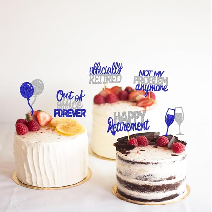 24 Pcs Happy Retirement Cupcake Toppers Officially Retired Cupcake Picks, Out Of Office Forever Retirement Theme Cake Toppers Decorations for Farewell Party Cakes (Blue&Silver)