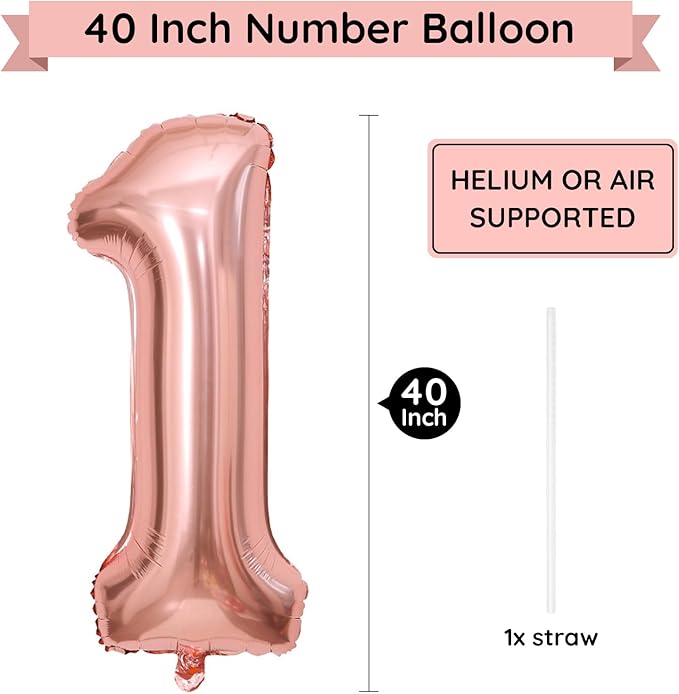 40 Inch Rose Gold Number Balloon 1, Large Number Foil Balloons Mylar for Girl Boy Birthday Party Celebration Decorations Supplies, Digital Balloons for Wedding Anniversary Events Decorations