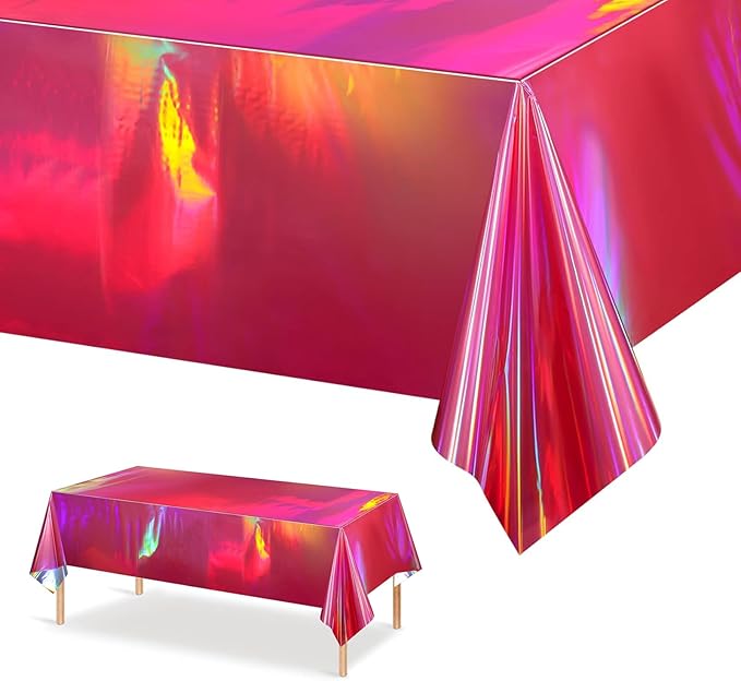3-Pack Rose Pink Iridescent Tablecloths, Holographic Glittering Foil Disposable Tablecloths, 54 inches x 108 inches, Suitable for Birthday, Wedding, and Holiday Party Decorations