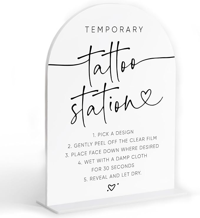 Wedding Temporary Tattoos Sign, White Arch Acrylic Sign, Wedding Tattoos Temporary for Guests, Bridal Shower Decor, Engagement Party Decor, Centerpiece Table Decorations Party-9