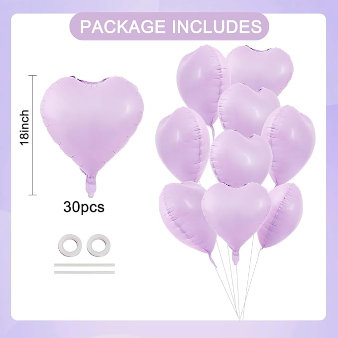 TONIFUL 30Pcs 18 Inch Pastel Light Purple Balloons Light Purple Heart Shape Foil Mylar Banners Decoration for Birthday Valentine's Day Wedding Bridal Shower Anniversary Engagement Party Supplies