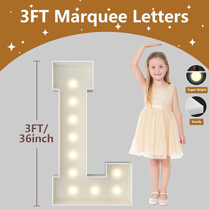 3FT Marquee Light Up Letters, Large Marquee Letters, Pre-cut Foam Board Letter L for Engagement Wedding Decorations Birthday Party Backdrop Decor, Balloon Arch Kit