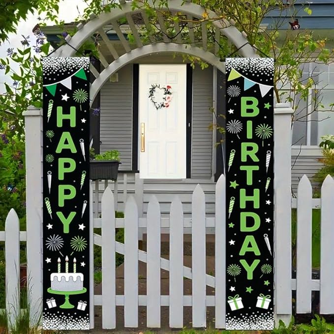 12x71 inch birthday porch banner suitable for indoor outdoor birthday party decoration, featuring green and black design, fireworks candle gifts, durable fabric, suitable for terraces