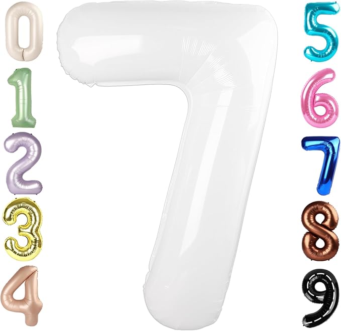 40 Inch Number 7 Balloon, White Seven Birthday Decor, 7 17 27 70 Year Old Balloon Number for Engagement, Wedding, Graduations