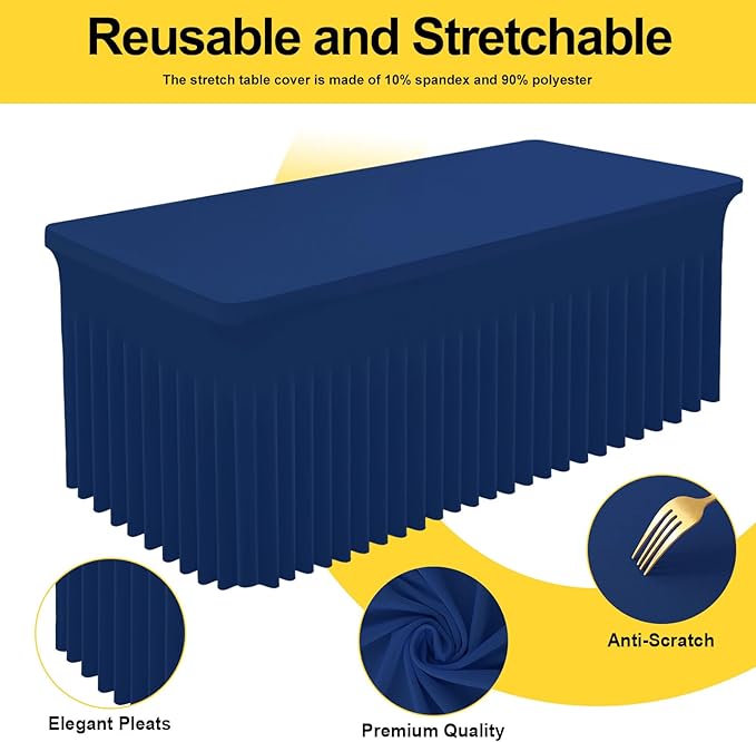 Smiry Spandex Tablecloth 2 Pack, Elastic Fitted Stretch Tablecloth for 6FT Rectangle Tables, Waterproof Washable Table Cover Skirt for Outdoor, Wedding, Banquet & Parties (Navy, 72Lx30Wx30H Inch)