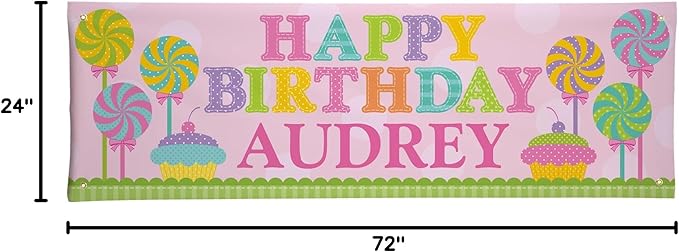 Let's Make Memories Personalized Pink Happy Birthday Banner for Kids - Custom Birthday Party Decorations - Indoor/Outdoor Vinyl - Any Name - Sweets Design - 6ft