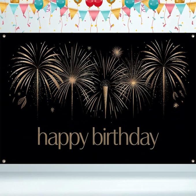 Happy Birthday Decorations Banner 71x43 Inch, Black Gold Fireworks Birthday Backdrop for Adult Party, Large Photo Booth Background Supplies