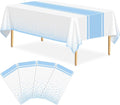 4 Pack White and Light Blue Tablecloth Party Decorations Plastic White Tablecloth Printed Light Blue Table Runner 54 x108 Inch Disposable Rectangle Table Cover for Birthday Wedding Graduation