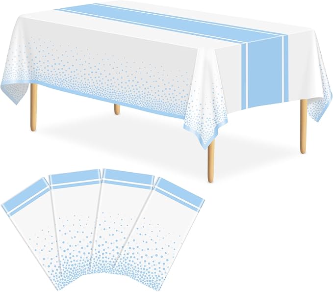 4 Pack White and Light Blue Tablecloth Party Decorations Plastic White Tablecloth Printed Light Blue Table Runner 54 x108 Inch Disposable Rectangle Table Cover for Birthday Wedding Graduation
