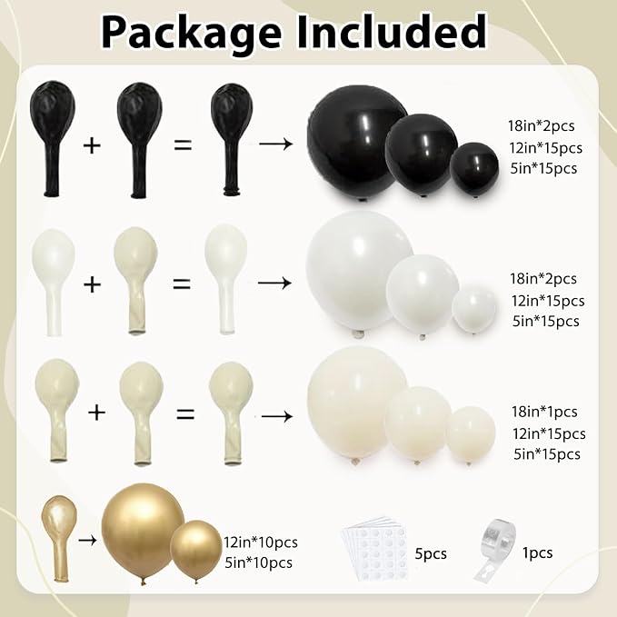 Black White Gold Balloon Arch Kit,Double Stuffed Pearl Sand White Balloon Garland Different Sizes 18/12/5 Inch Chrome Cream Balloons for Graduation Wedding Birthday Bachelorette Party Decorations