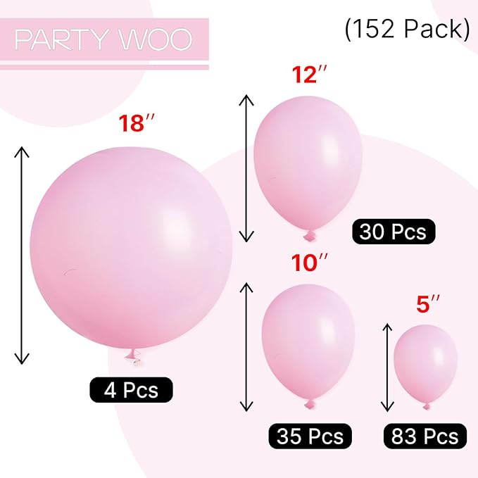 PartyWoo Baby Pink Balloons 152 pcs Different Sizes of 18 12 10 5 Inch Pastel Pale Light Pink Balloons Arch Kit Garland for Baby Shower Gender Reveal Birthday Princess Party Decorations Pink-Q05