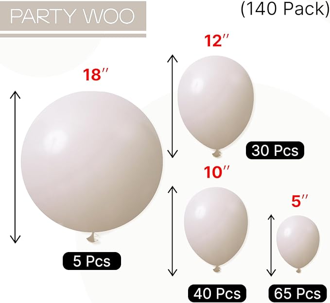 PartyWoo White Balloons 140 pcs Different Sizes of 18 12 10 5 Inch White Sand Balloons Arch Kit Garland for Wedding Baby Shower Birthday Bridal Shower Graduation Engagement Party Decorations White-F12