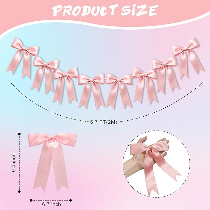 2 Strings of 16PCS Baby Pink&Baby Blue Bow Garlands Banner Decoration,Pre-Strung Satin Ribbon Ornaments for Gender Reveal Party,Baby Shower,Birthday,Bridal Shower,Graduation Decor,Anniversary,Wedding